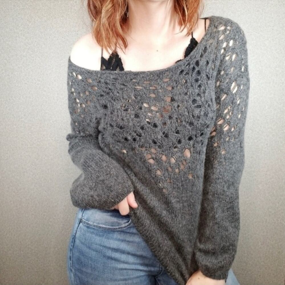 EILEEN FISHER Wool Mohair Blend Grey Open Knit  Crochet  Sweater Size M
